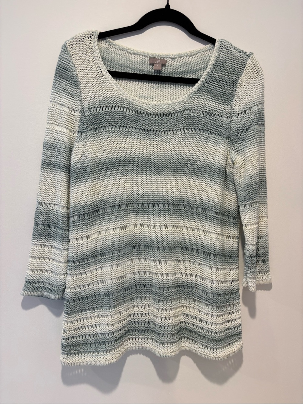 J. Jill Striped Open Knit Scoop Neck Sweater in Light Blue and White